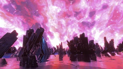 A black crystalline landscape under a vast pink and violet starfield in Shape of Dreams