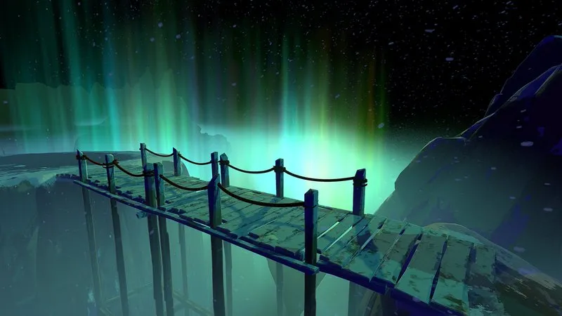 Aurora-lit snowy bridge under a starry night sky from Shape of Dreams