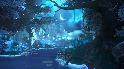 A moonlit dream forest with a stream running through it in Shape of Dreams