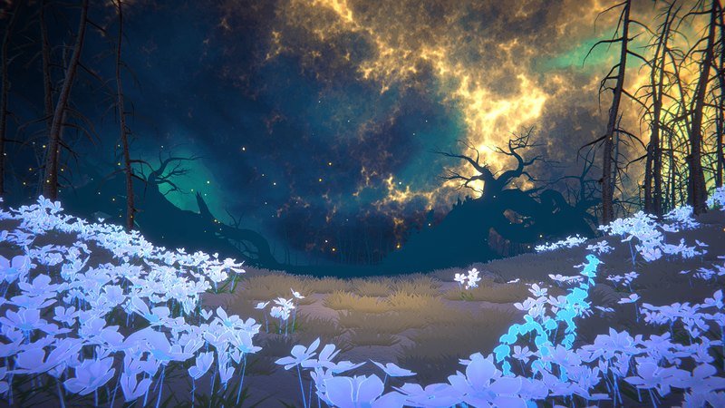 Glowing blue flowers under a starry sky in Shape of Dreams